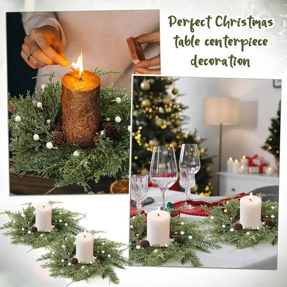 4-Piece Mini Wreath Candle Holders with Pine Cones - Perfect for Christmas Decor